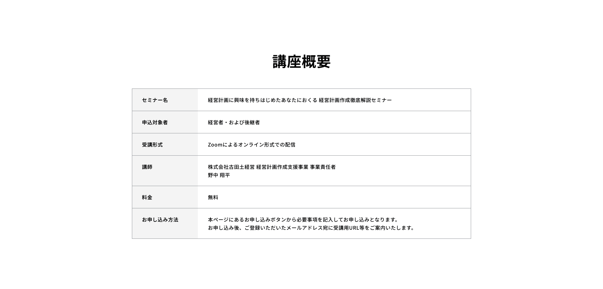 講座概要：申込対象者は経営者・および後継者。Zoomによるオンライン形式での配信にて開催いたします。参加料金は無料です。本ページにあるお申し込みボタンから必要事項を記入してお申し込みとなります。お申し込み後、ご登録いただいたメールアドレス宛に受講用URL等をご案内いたします。