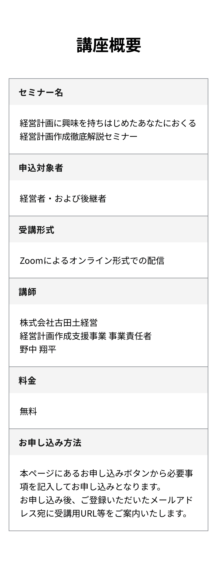 講座概要：申込対象者は経営者・および後継者。Zoomによるオンライン形式での配信にて開催いたします。参加料金は無料です。本ページにあるお申し込みボタンから必要事項を記入してお申し込みとなります。お申し込み後、ご登録いただいたメールアドレス宛に受講用URL等をご案内いたします。